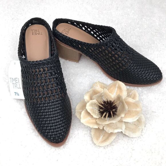 NEW Time &Tru Black Woven Mules Stacked Block Heel - Picture 1 of 11
